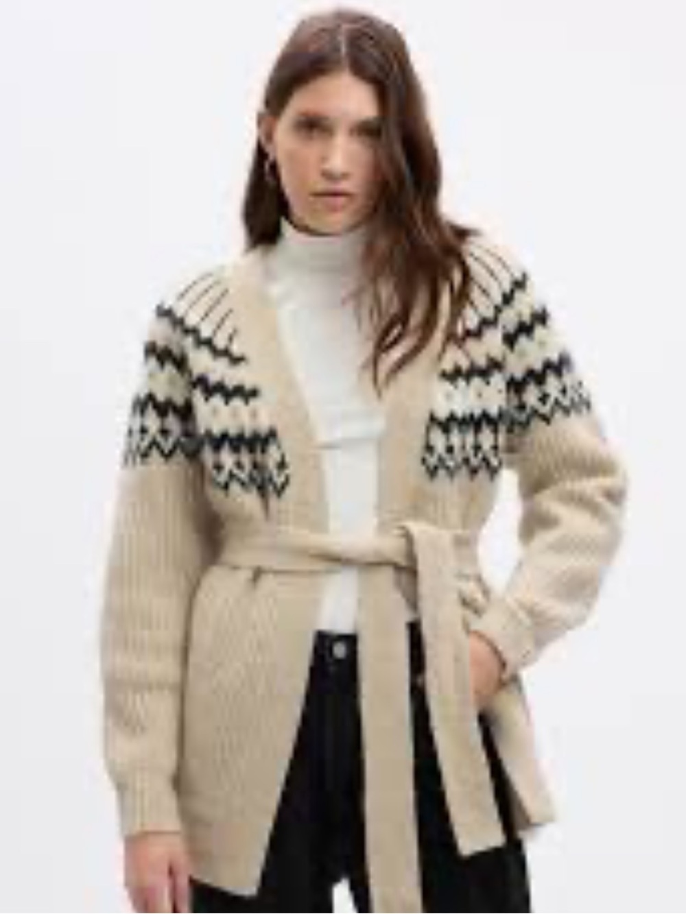 GAP Cream Cardigan with Black Nordic Fair Isle and Belt